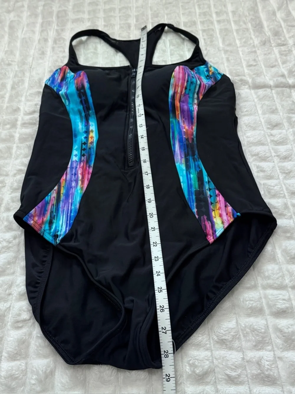 Miraclesuit 16 Black One Piece Swimsuit w/ Color Detail Zip Front Slimming